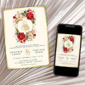 Rote Rosen Elfenbeinkühe Blume Cream-Gold-Hochzeit Einladung