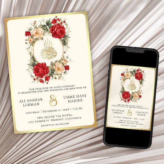 Rote Rosen Elfenbeinkühe Blume Cream-Gold-Hochzeit Einladung