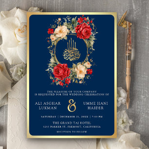 Rote Rosen Elfenblumen Blau Gold Muslimische Hochz Einladung