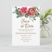Rote Rosen Evergreen Winter Weihnachten Hochzeit Save The Date (Stehend Vorderseite)