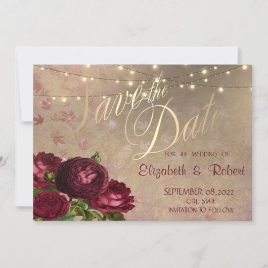 Rote Rosen fallende Blätter Lichterkette Save The Date (Vorderseite)