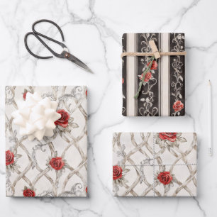 Rote Rosen Faux-Holz Blumen Hochzeit Geschenkpapier Set