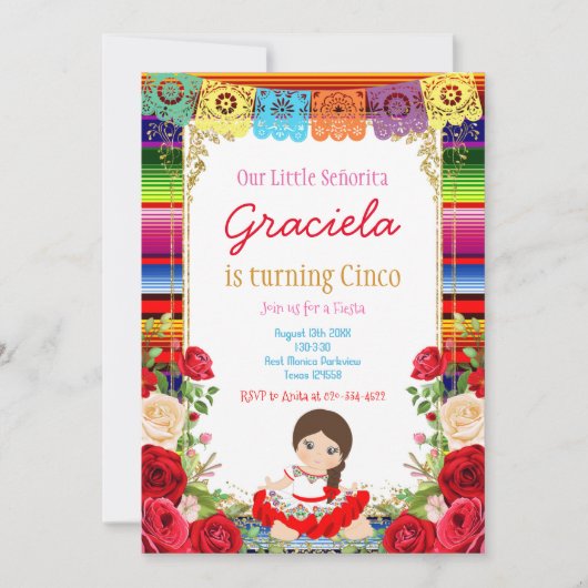 Rote Rosen Fiesta Birthday Gold Girl Einladung (Vorderseite)
