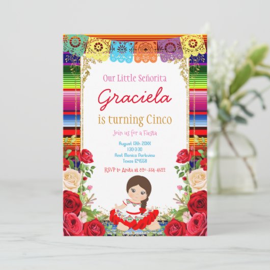 Rote Rosen Fiesta Birthday Gold Girl Einladung (Stehend Vorderseite)