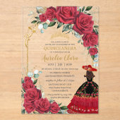 Rote Rosen Floral Black Charro Kleid Quinceañera Acryleinladungen (Vorderseite)