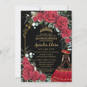 Rote Rosen Floral Black Charro Quinceañera Einladung (Vorderseite)