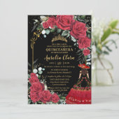 Rote Rosen Floral Black Charro Quinceañera Einladung (Stehend Vorderseite)