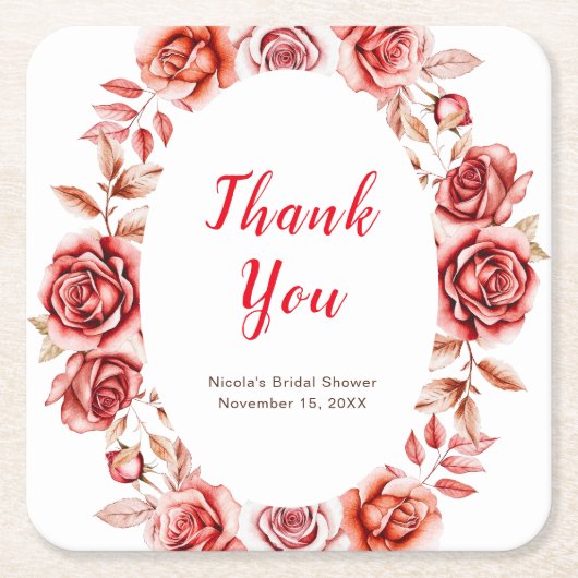 Rote Rosen Floral Brautparty Square Papierstreifen Rechteckiger Pappuntersetzer (Vorderseite)