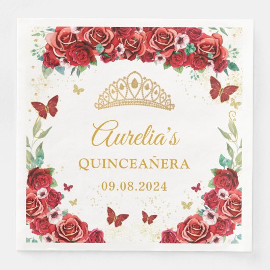 Rote Rosen Floral Butterfliegen Quinceanera Napkin Serviette (Vorderseite)