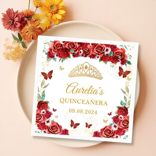 Rote Rosen Floral Butterfliegen Quinceanera Napkin Serviette