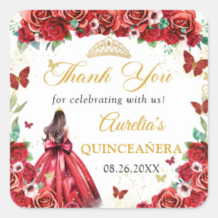 Rote Rosen Floral Butterfliegen Quinceañera Prince Quadratischer Aufkleber