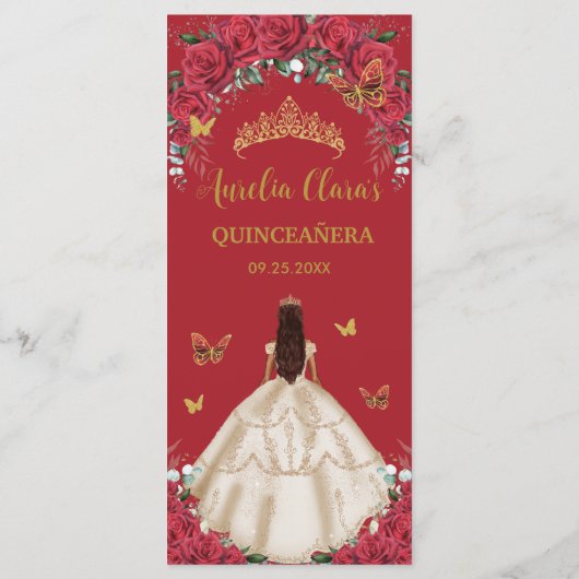 Rote Rosen Floral Champagner Dress Quinceñera Menü Programm (Rückseite)