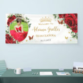 Rote Rosen Floral Gold Quinceñera Foto Hintergrund Banner (Messe)
