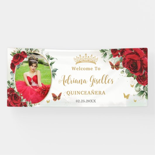 Rote Rosen Floral Gold Quinceñera Foto Hintergrund Banner (Horizontal)