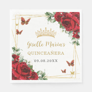 Rote Rosen Floral Gold Schmetterlinge Quinceañera Serviette
