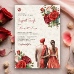 Rote Rosen Floral Indian Punjabi Sikh Wedding Einladung<br><div class="desc">Erleben Sie die Sikh Hochzeit mit einer wunderschönen Aquarellbild eines Punjabi-Paares mit hübschen Rose-Bouquet. Fügen Sie einfach Ihre Veranstaltungsdetails zu dieser einfach zu bedienenden Vorlage hinzu,  um sie zu einer einmaligen Einladung zu machen.</div>