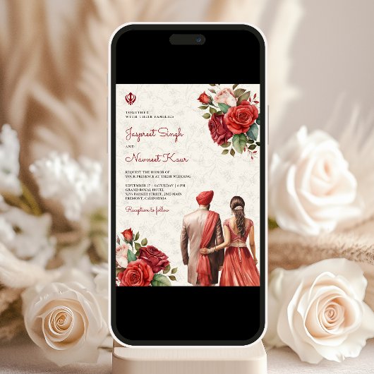 Rote Rosen Floral Indian Punjabi Sikh Wedding Einladung