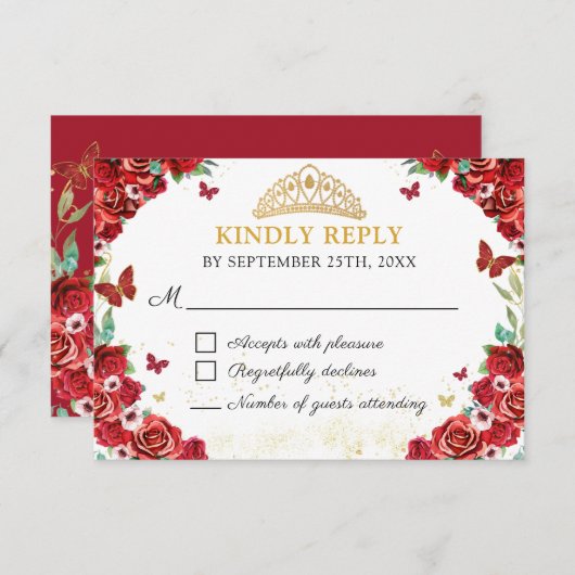 Rote Rosen Floral Quinceañera Butterfells RSVP-Kar RSVP Karte (Vorne/Hinten)