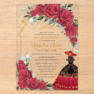 Rote Rosen Floral Schwarzes Charro-Kleid Quinceañe Acryleinladungen