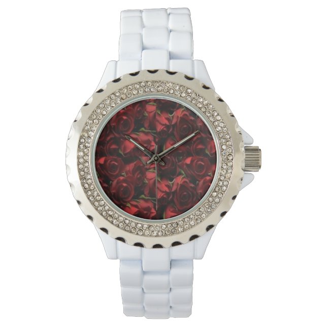 Rote Rosen Floral White Watch Armbanduhr (Vorderseite)