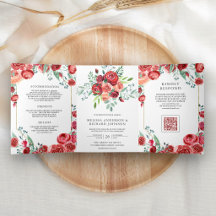 Rote Rosen Florale Alles-in-Einem-QR-Code-Hochzeit