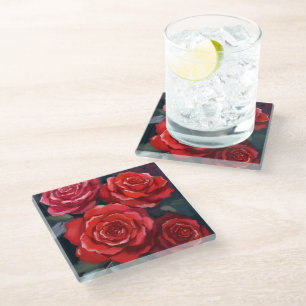 Rote Rosen Florale Aquarell Gemalte Blumen Glasuntersetzer