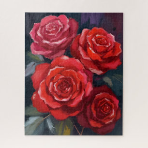 Rote Rosen Florale Aquarell Gemalte Blumen Puzzle