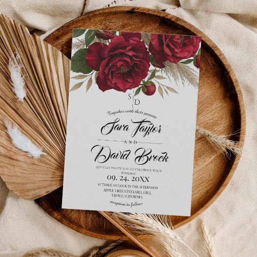 Rote Rosen Florale Moderne Boho-Hochzeit Einladung