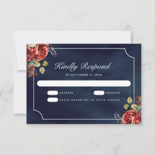 Rote Rosen Florale Navyblaue Hochzeit RSVP Karte