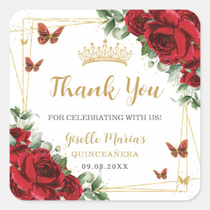 Rote Rosen Florale Schmetterlinge Quinceanera Swee Quadratischer Aufkleber