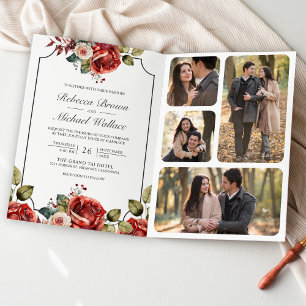 Rote Rosen Floraler Rahmen Foto QR Code Hochzeit Einladung