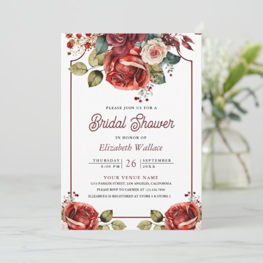 Rote Rosen Foto QR Code Brautparty Einladung (Stehend Vorderseite)