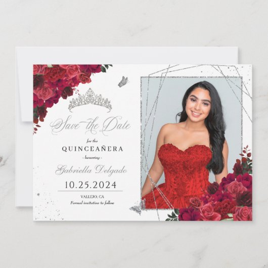 Rote Rosen Fotokarte Quinceañera Save the Date Einladung (Vorderseite)