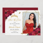 Rote Rosen Fotokarte Quinceañera Save the Date Einladung (Vorne/Hinten)