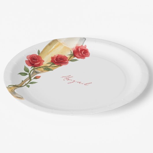Rote Rosen für Champagner Personalisierter Name Pappteller (Schrägansicht)