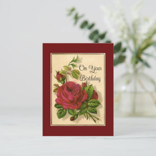 Rote Rosen Geburtstagskarte Postkarte (Stehend Vorderseite)