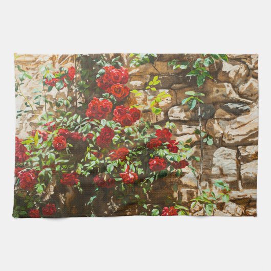 Rote Rosen gegen eine Steinmauer Geschirrtuch (Horizontal)
