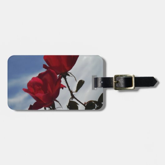 Rote Rosen gegen einen hellen blauen Himmel Gepäckanhänger (Vorderseite horizontal)