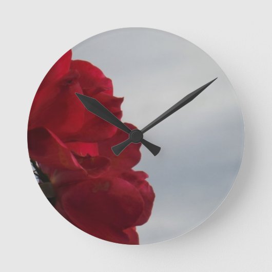 Rote Rosen gegen einen hellen blauen Himmel Runde Wanduhr (Vorderseite)