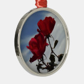Rote Rosen gegen einen hellen blauen Himmel Silbernes Ornament (Rechts)