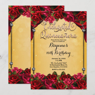 Rote Rosen Gelbes Gold Rosa Quinceañera 15. Einladung