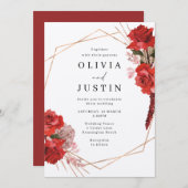 Rote Rosen Geometrisches metallisches Silberhochze Einladung (Vorne/Hinten)