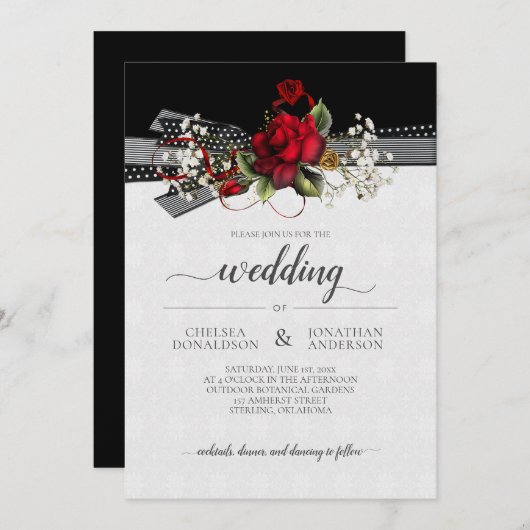 Rote Rosen Gipskraut Kalligrafie Hochzeit Ankündigung (Vorne/Hinten)