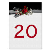 Rote Rosen Gipskraut Schwarze Ribbons Tischkarten Tischnummer (Rückseite)