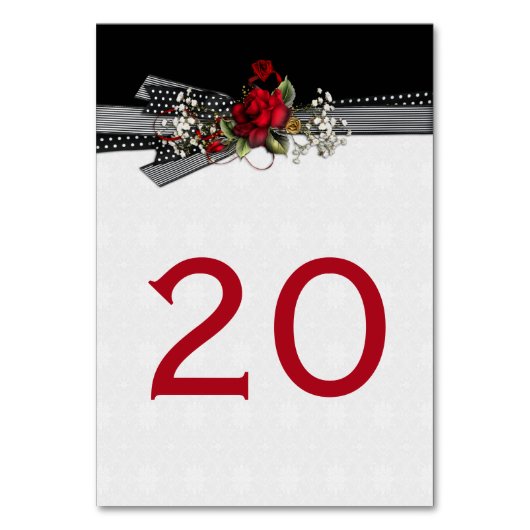 Rote Rosen Gipskraut Schwarze Ribbons Tischkarten Tischnummer (Rückseite)