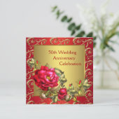 Rote Rosen Gold 50. Hochzeitstag Einladung (Stehend Vorderseite)