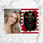 Rote Rosen Gold Black Foto 50. Geburtstag Einladung<br><div class="desc">Elegante florale feminine 50. Geburtstagseinladung mit Ihrem Foto. Glam Schwarz-weiß rotes Design mit Imitaten Glitzer Gold. Enthält Streifen,  rote Rosen,  Skript-Schriftart und Konfetti. Ideal für ein stilvolles Party für Erwachsene. Personalisieren Sie Ihre persönlichen Daten. Kann für jedes Alter angepasst werden! Gedruckte Zazzle Einladungen oder Sofortdownload digitalen druckbaren Vorlage.</div>