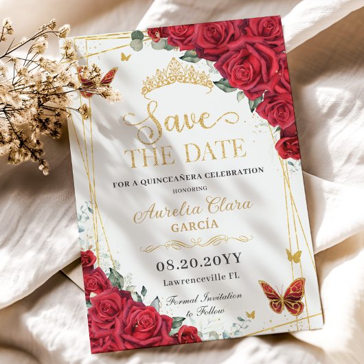 Rote Rosen Gold Butterflies Quinceanera Sweet 16 Save The Date