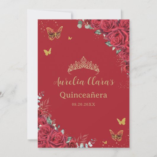 Rote Rosen Gold Butterflies Quinceanera Sweet 16 Save The Date (Rückseite)