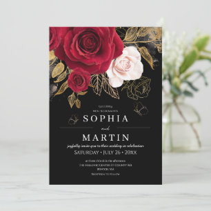 Rote Rosen & Gold Elegante Florale Dunkle Hochzeit Einladung